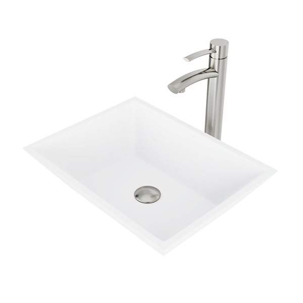 VIGO Vinca&nbsp;14-in W x&nbsp;18-in L White Matte Stone Rectangle Bathroom Vessel with Milo Faucet/Drain - Brushed Nickel
