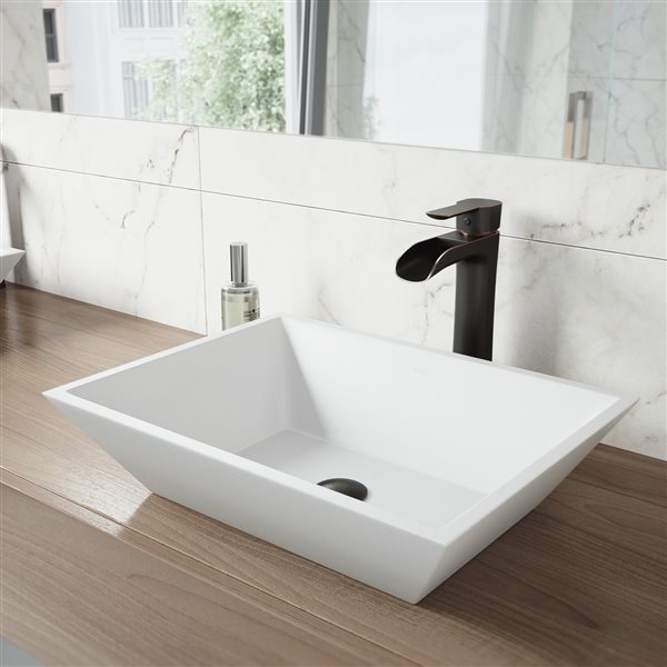VIGO Vinca&nbsp;14-in W x&nbsp;18-in L White Matte Stone Rectangle Bathroom Vessel w/ Niko Faucet/Drain - Antique Rubbed Bronze