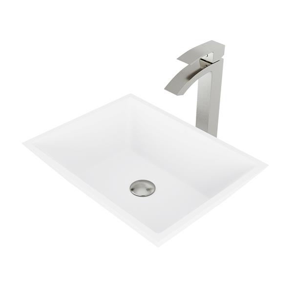 VIGO Vinca&nbsp;14-in W x&nbsp;18-in L White Matte Stone Rectangle Vessel Bathroom Sink with Duris Fauce/Drain - Brushed Nickel