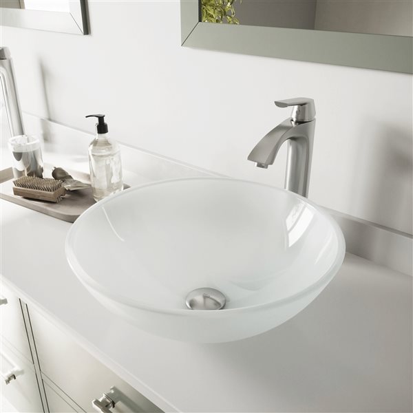 VIGO Glass&nbsp;17-in dia. White Round Vessel Bathroom Sink with Linus Faucet/Drain - Brushed Nickel