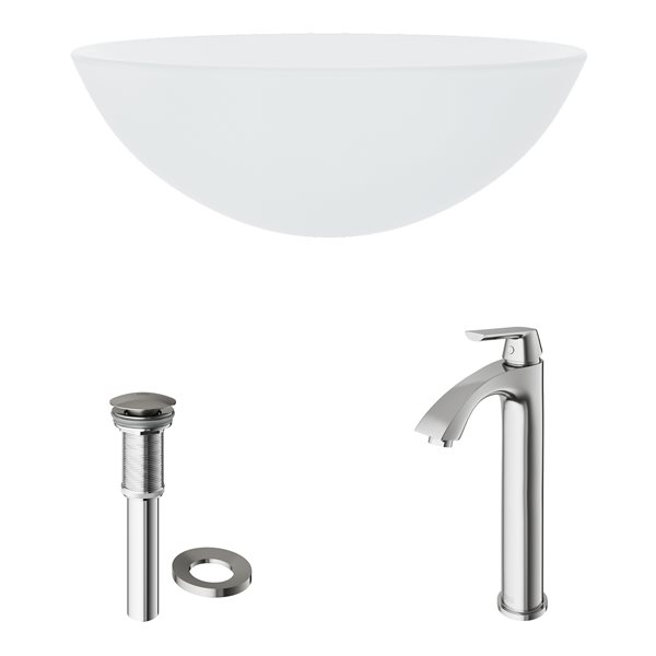 VIGO Glass&nbsp;17-in dia. White Round Vessel Bathroom Sink with Linus Faucet/Drain - Brushed Nickel