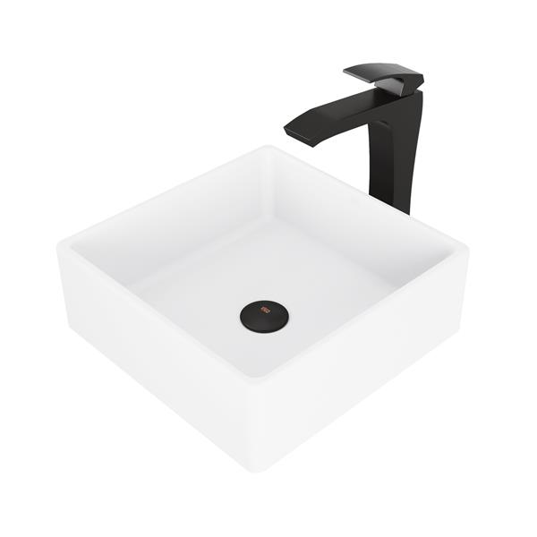 VIGO Dianthus&nbsp;15-in White Matte Stone Square Vessel Bathroom Sink with Faucet/Drain - Matte Black