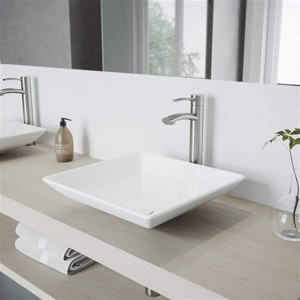 VIGO Hibiscus&nbsp;16-in Matte White Stone Square Vessel Bathroom Sink with Milo Faucet/Drain - Brushed Nickel