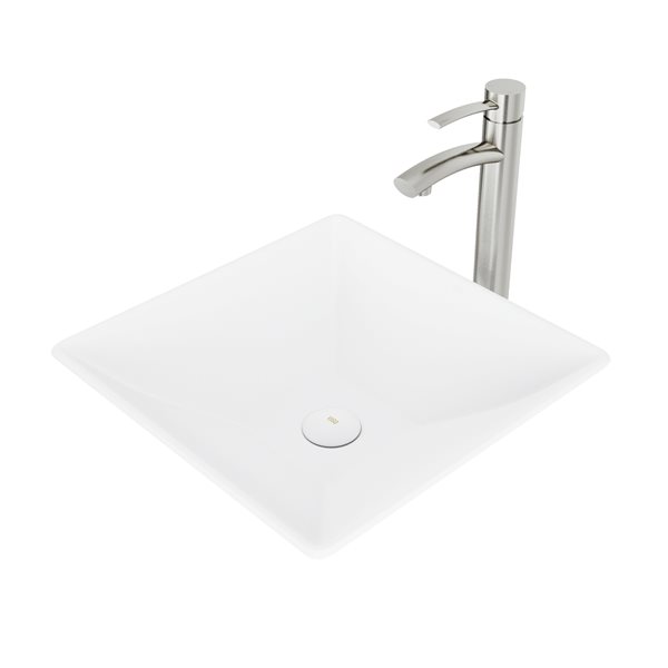 VIGO Hibiscus&nbsp;16-in Matte White Stone Square Vessel Bathroom Sink with Milo Faucet/Drain - Brushed Nickel