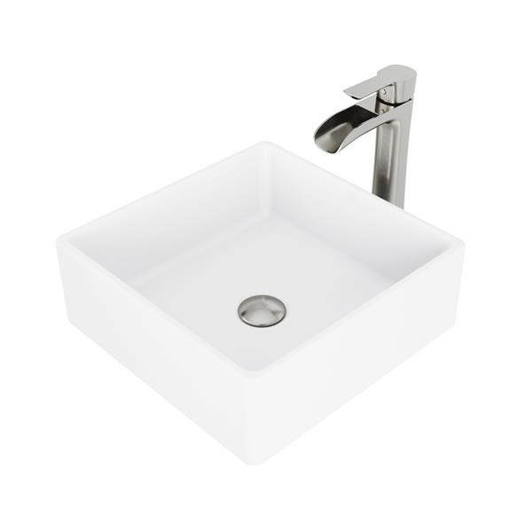 VIGO Dianthus&nbsp;15-in White Matte Stone Square Vessel Bathroom Sink with Niko Faucet/Drain - Brushed Nickel