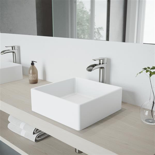 VIGO Dianthus&nbsp;15-in White Matte Stone Square Vessel Bathroom Sink with Niko Faucet/Drain - Brushed Nickel