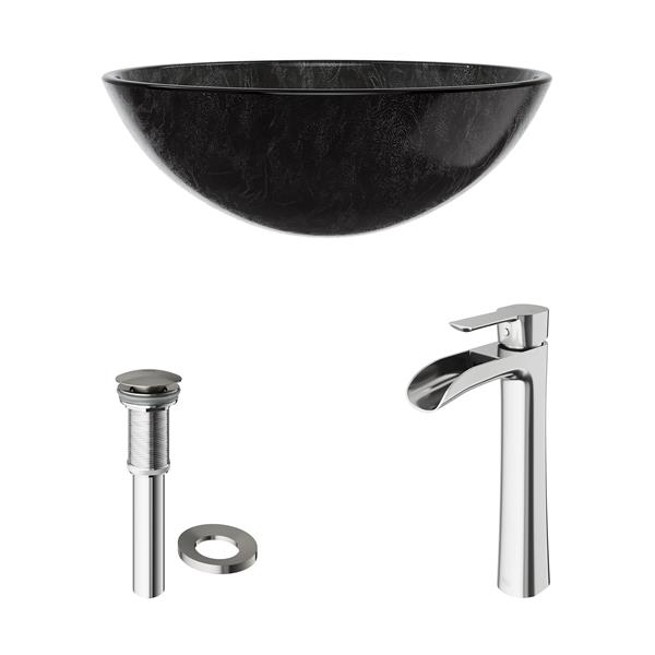 VIGO Glass&nbsp;17-in dia. Onyx Round Vessel Bathroom Sink with Niko Faucet/Drain - Brushed Nickel