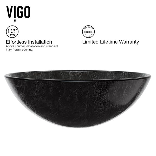 VIGO Glass&nbsp;17-in dia. Onyx Round Vessel Bathroom Sink with Niko Faucet/Drain - Brushed Nickel