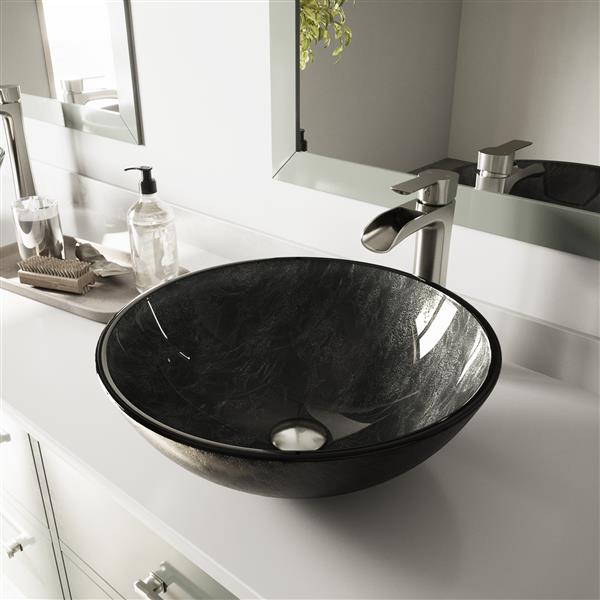 VIGO Glass&nbsp;17-in dia. Onyx Round Vessel Bathroom Sink with Niko Faucet/Drain - Brushed Nickel