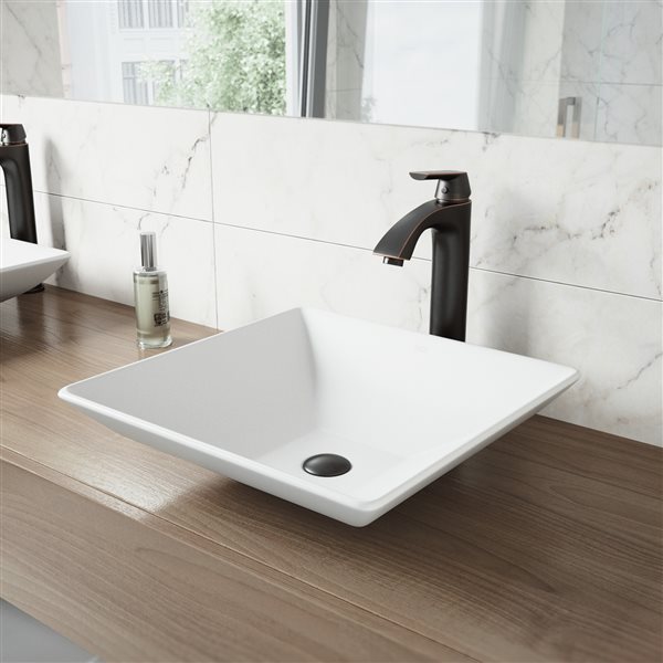 VIGO Hibiscus&nbsp;16-in Matte White Stone Square Vessel Bathroom Sink w/Linus Faucet/Drain - Antique Rubbed Bronze