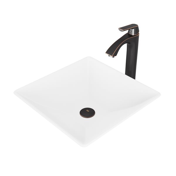 VIGO Hibiscus&nbsp;16-in Matte White Stone Square Vessel Bathroom Sink w/Linus Faucet/Drain - Antique Rubbed Bronze