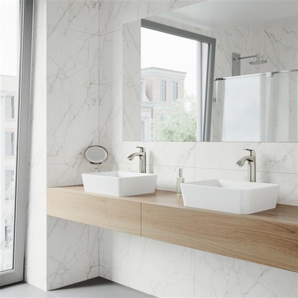 VIGO Marigold 14-in W x 18-in L White Matte Stone Rectangle Bathroom Vessel with Linus Faucet/Drain - Brushed Nickel