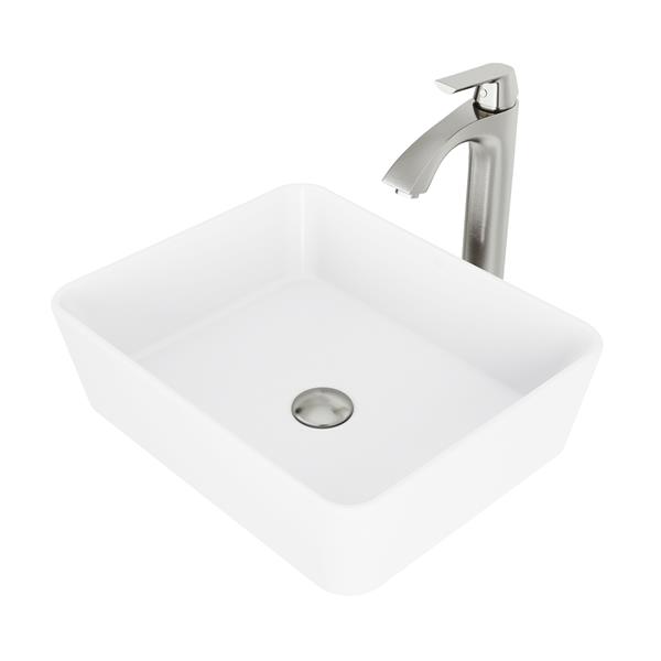 VIGO Marigold 14-in W x 18-in L White Matte Stone Rectangle Bathroom Vessel with Linus Faucet/Drain - Brushed Nickel