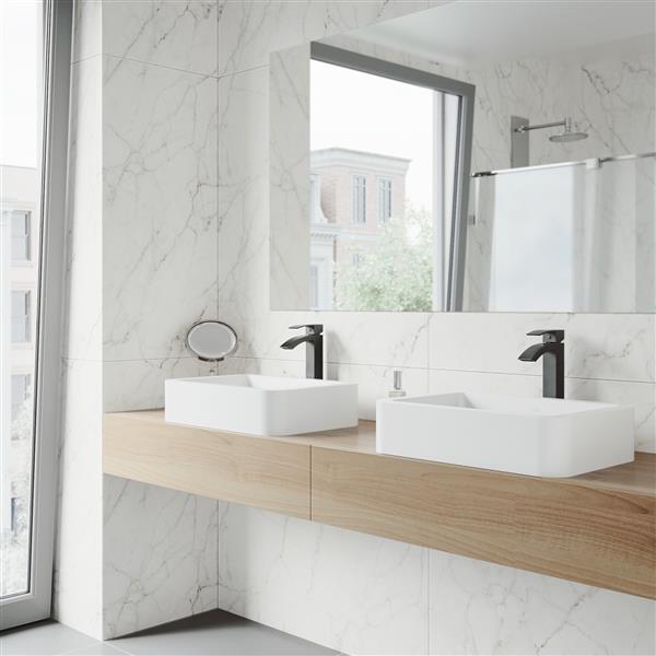 VIGO Petunia&nbsp;16-in W x&nbsp;23-in L White Matte Stone Rectangle Vessel Bathroom Sink with Duris Faucet/Drain - Matte Black