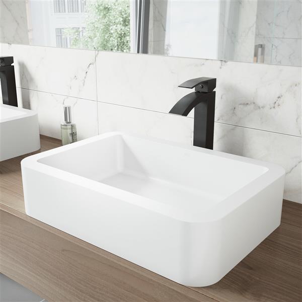 VIGO Petunia&nbsp;16-in W x&nbsp;23-in L White Matte Stone Rectangle Vessel Bathroom Sink with Duris Faucet/Drain - Matte Black