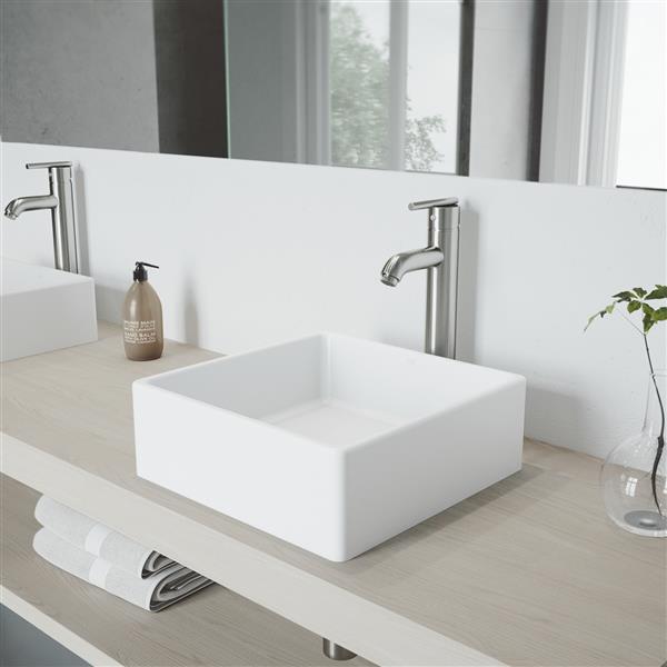 VIGO Dianthus&nbsp;15-in White Matte Stone Square Vessel Bathroom Sink with Seville Faucet/Drain - Brushed Nickel