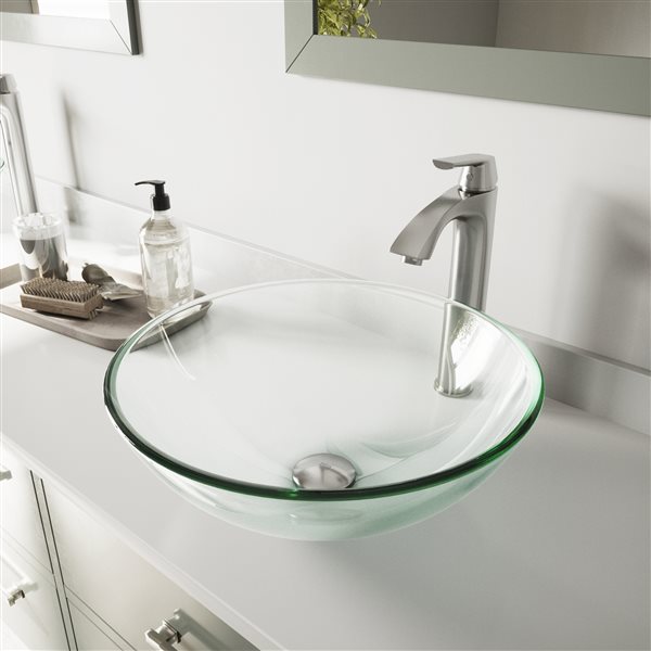VIGO Glass&nbsp;17-in dia. Clear Round Vessel Bathroom Sink with Linus Faucet/Drain - Brushed Nickel