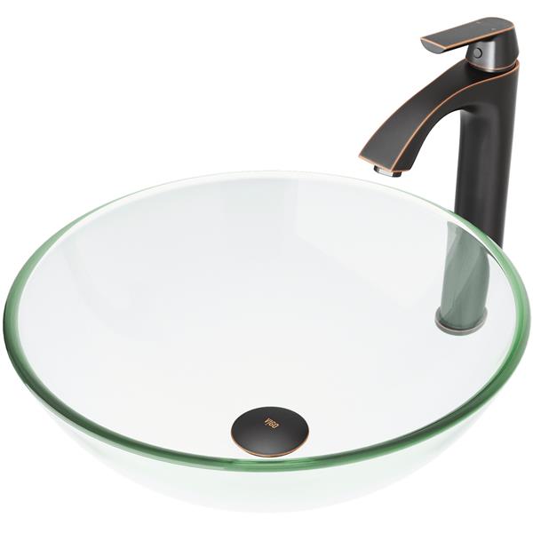 VIGO Glass&nbsp;17-in dia. Clear Round Vessel Bathroom Sink with Linus Faucet/Drain - Antique Rubbed Bronze