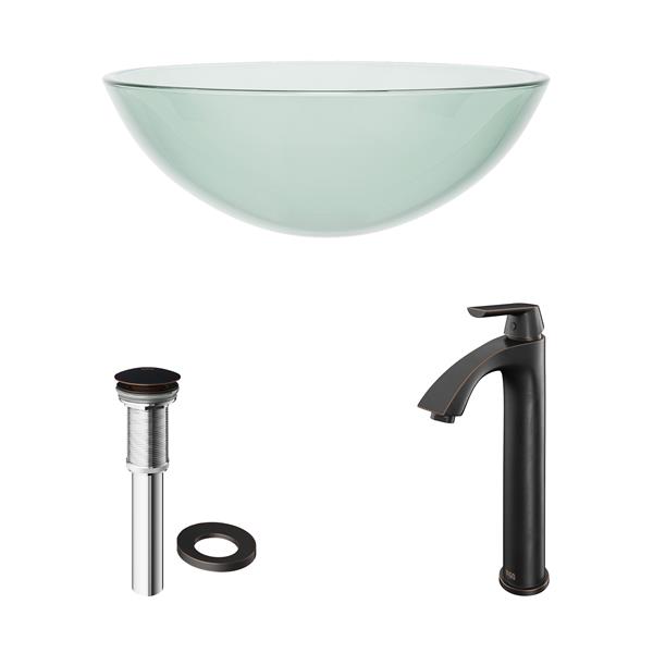 VIGO Glass&nbsp;17-in dia. Clear Round Vessel Bathroom Sink with Linus Faucet/Drain - Antique Rubbed Bronze