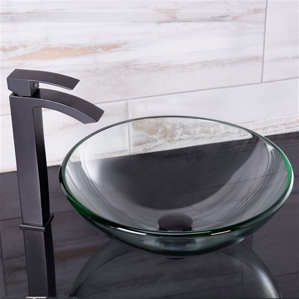 VIGO Glass&nbsp;17-in dia. Clear Round Vessel Bathroom Sink with Duris Faucet/Drain - Matte Black