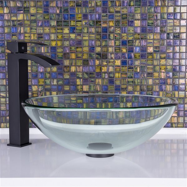 VIGO Glass&nbsp;17-in dia. Clear Round Vessel Bathroom Sink with Duris Faucet/Drain - Matte Black