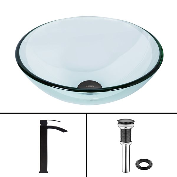 VIGO Glass&nbsp;17-in dia. Clear Round Vessel Bathroom Sink with Duris Faucet/Drain - Matte Black