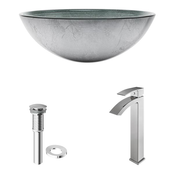 VIGO Glass&nbsp;17-in dia. Silver Round Vessel Bathroom Sink with Duris Faucet/Drain - Chrome