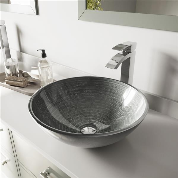 VIGO Glass&nbsp;17-in dia. Silver Round Vessel Bathroom Sink with Duris Faucet/Drain - Chrome