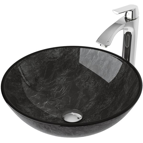 VIGO Glass&nbsp;17-in dia. Onyx Round Vessel Bathroom Sink with Linus Faucet/Drain - Chrome