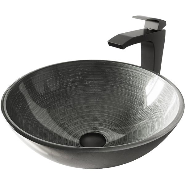VIGO Glass&nbsp;17-in dia. Silver Round Vessel Bathroom Sink with Blackstonian Faucet/Drain - Matte Black
