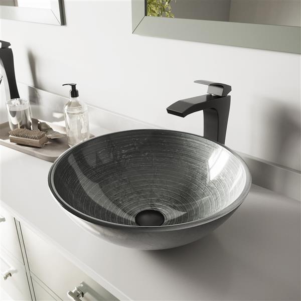 VIGO Glass&nbsp;17-in dia. Silver Round Vessel Bathroom Sink with Blackstonian Faucet/Drain - Matte Black