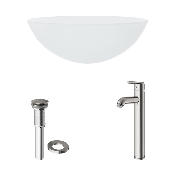 VIGO Glass&nbsp;17-in dia. White Round Vessel Bathroom Sink with Seville Faucet/Drain - Brushed Nickel