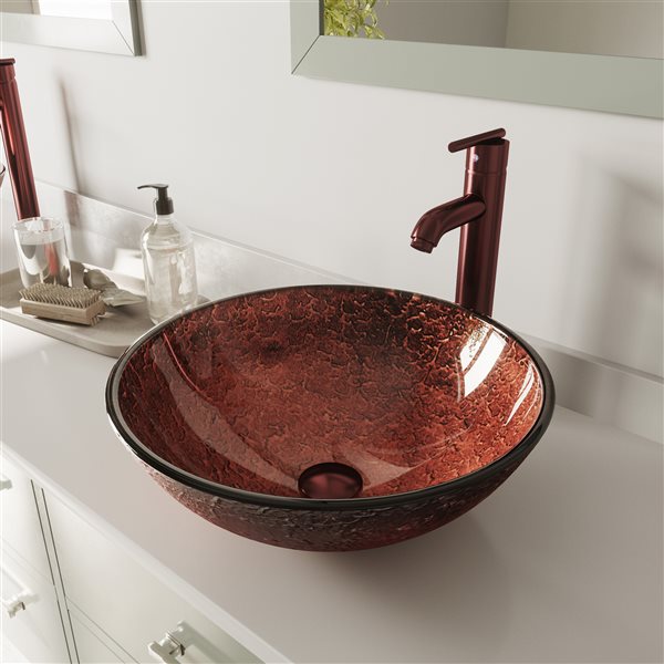 VIGO Giovanni&nbsp;17-in L x&nbsp;17-in W x&nbsp;6-in H Mahogany Moon Glass Round Vessel Bathroom Sink - Copper