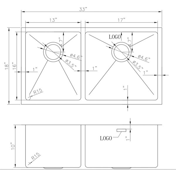American Imaginations Double Sink - 33-in x 18-in - Stainless Steel - Chrome