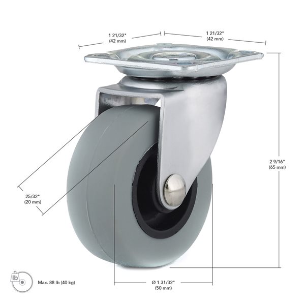 Roulette industrielle Richelieu 64 mm sans frein en caoutchouc