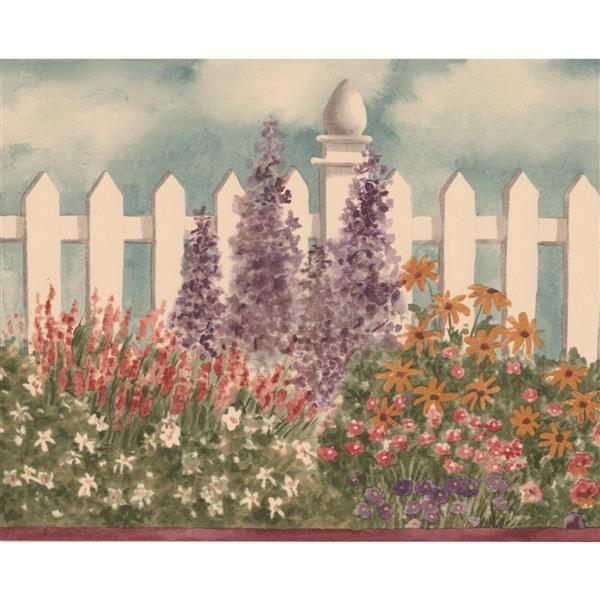 Retro Art Flowers by white Fence Wallpaper Border - 15' x 7