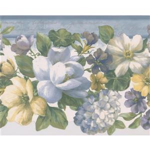 Retro Art Blooming Flowers Wallpaper Border - 15' x 8.5" - Blue