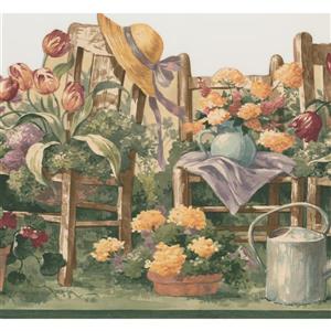 Retro Art Floral Gardening Wallpaper Border - 15' x 10.2" - Green