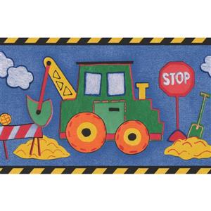 Retro Art Tractor Excavator Truck Wallpaper Border - 15' x 6" - Blue