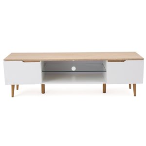 Noble House Rowan Two-Toned TV Stand with Glass Shelf - Oak and Matte White
