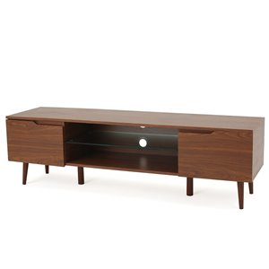Noble House Rowan Mid-Century Modern TV Stand with Glass Shelf - Walnut