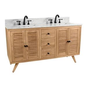 Avanity Harper 60-in Natural Teak Double Sink Bathroom Vanity with White Carrera Marble Top