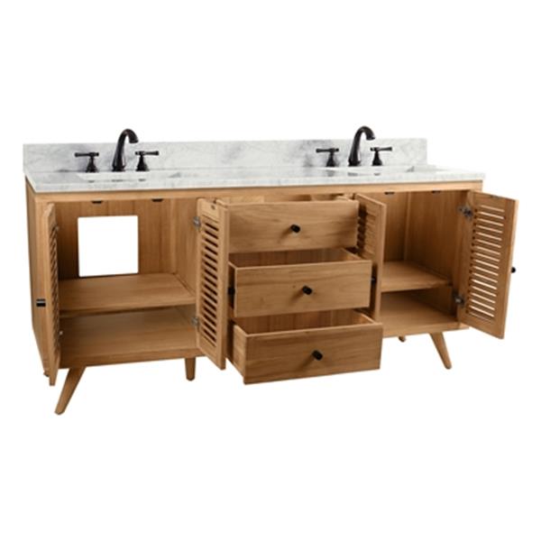 Avanity Harper 72-in Natural Teak Double Sink Bathroom Vanity with White Carrera Marble Top