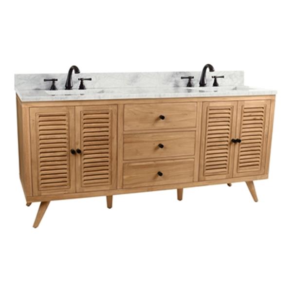 Avanity Harper 72-in Natural Teak Double Sink Bathroom Vanity with White Carrera Marble Top