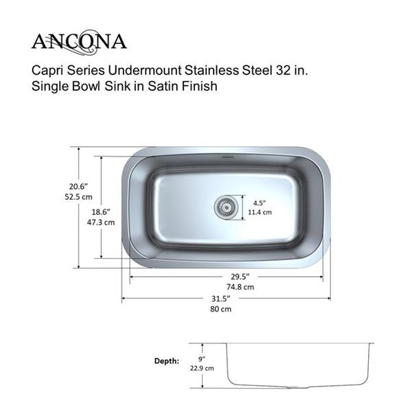 Ancona Capri Undermount Single  Kitchen Sink - 32-in
