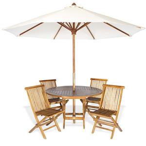 Ensemble de table ronde, chaises et parasol blanc, 6 pièces