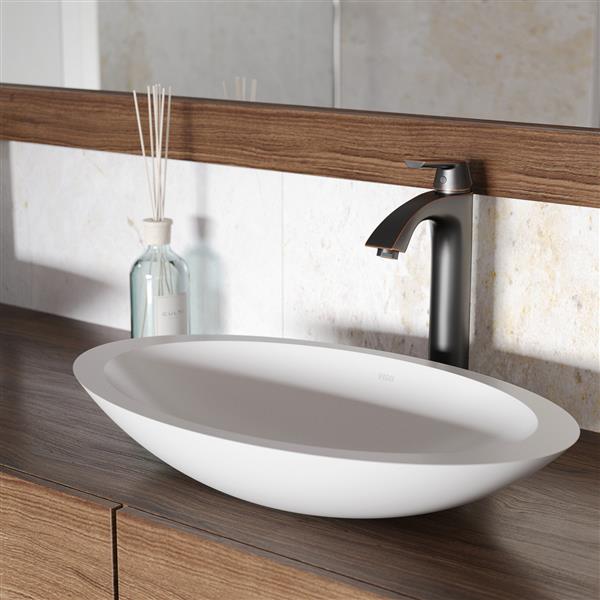 VIGO Wisteria&nbsp;14-in W x&nbsp;23-in L White Matte Stone Oval Bathroom Vessel w/ Linus Faucet/Drain - Antique Rubbed Bronze