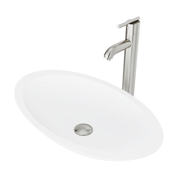 VIGO Wisteria&nbsp;14-in W x&nbsp;23-in L White Matte Stone Oval Vessel Bathroom Sink with Seville Fauce/Drain - Brushed Nickel