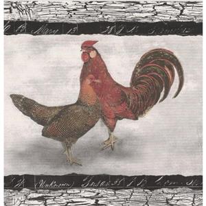 Norwall Wallpaper Border- 15' x 7-in-Rooster and Hen - White/Grey/Red
