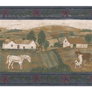 Retro Art Wallpaper Border - 15' x 6.87" - Village Houses and Animals